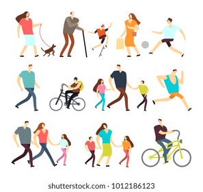 Men and women walking outdoor. Vector cartoon active characters in various lifestyles in street. Woman and man walk with family illustration