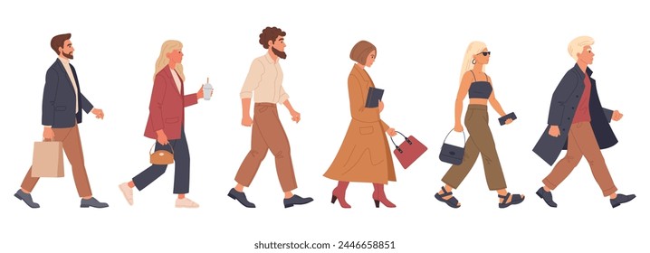 Men and women walking. People going to office, walking or shopping, student, businessman or tourist walk together flat vector illustration set. Pedestrians walk