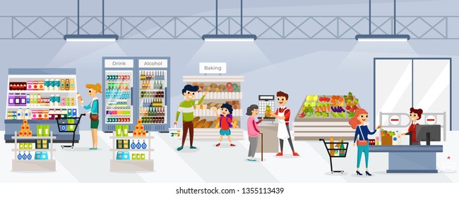 Men and women walking in store and buying natural fresh products in different supermarket departments. Store shelves full of nutrtious foods and beverages vector illustration