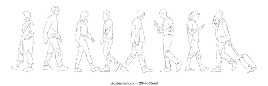 Men and women walking. Vector of pedestrian view from the side.