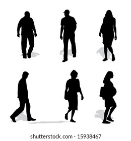 men and women walking, vector silhouettes