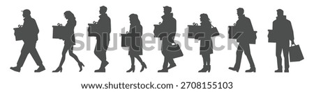 Men and women walking while carrying shopping bags and Christmas gift boxes set silhouette illustration