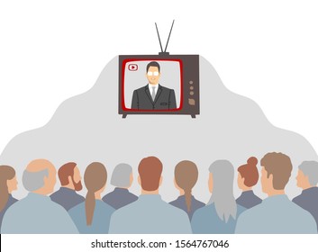 Hombres y mujeres viendo noticias de televisión. Propaganda, concepto de engaño mediático. Ilustración plano a mano sobre fondo blanco.