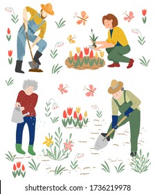 Men and women watering plants. Garden work. People work in the garden, put plants, water the flowers, digging a garden. Woman holds a watering can. Flat cartoon vector illustration. Family work.