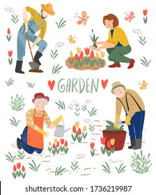 Men and women watering plants. Garden work. People work in the garden, put plants, water the flowers, digging a garden. Woman holds a watering can. Flat cartoon vector illustration. Family work.