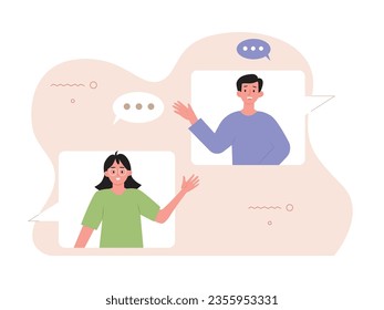 Men and women waving hands, video conference with friends ,online app communication at home. Character design. Vector flat illustration