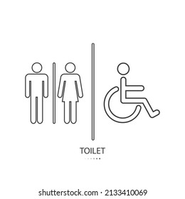 Men and women WC and disabled person flat vector illustration glyph style black thin line design. Isolated on white background.
