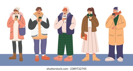 Men and women wear fashion winter outfit. Teenager characters in trendy casual clothes, coat, jacket, sweater, hat, bag, scarf, boots. Lifestyle of young people. Flat cartoon style vector illustration