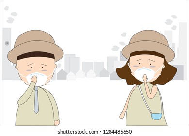 Men and women wear masks N95 to prevent air pollution in the city PM 2.5 in dust meter. Such as dust, smoke and smell Concept flat style vector illustration environmental impact. -EPS 10