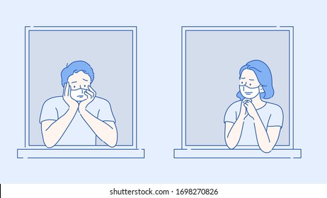 Men and women wear protective masks and come out to the window, they have bored faces. Staying at home to reduce the spread of germs. Hand drawn in thin line style, vector illustrations.