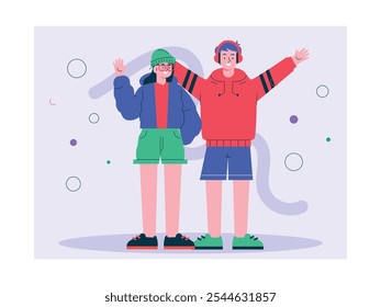 Men and women wear trendy thick clothes during winter holidays. Character design. Vector flat illustration