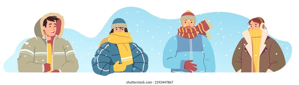 Men, women wearing cold weather clothes in winter. Persons in scarfs, hats, gloves, mittens, warm coats, down jackets fashion styles on snowy day. People cartoon characters flat vector illustration