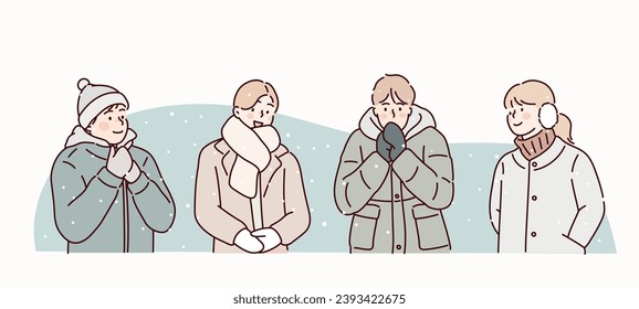 Men, women wearing cold weather clothes in winter. Hand drawn style vector design illustrations.