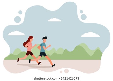 Men and women wearing jogging clothes are running in the park. Outdoor exercise. Athletics. Lifestyle for good health. Couples who invite each other to exercise. Vector illustration flat design style