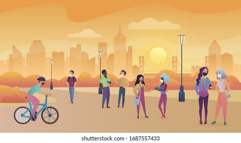 Men and women wearing masks walking on the sunset park wearing a mask to prevent viruses, 2019-nCoV, COVID-19, SARS-CoV-2, coronavirus, virus, flu, disease, air pollution vector illustration