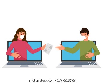 Men and women wearing medical mask pop up from laptop screen handling documents during covid 19,submit work online social distancing concept, new normal,vector illustration,isolate on white background