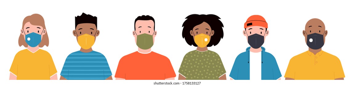Men and women wearing medical masks to prevent disease. Group of people in face masks. Vector illustration in a flat style
