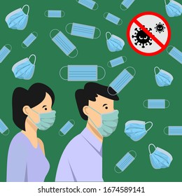 Men and women wearing medical protective masks for health protection from corona viruses, epidemics and infectious diseases, vector illustrations with a green background.