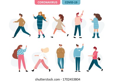 Men and women wearing protection from virus. Group of people with medical masks to prevent disease, flu, air pollution, contaminated air, world pollution. Vector illustration in a flat style