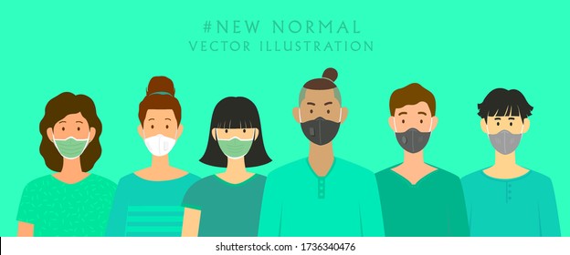 Men and women wearing protection from virus, urban air pollution, smog, vapor, pollutant gas emission. People in protective medical face masks. New normal.Vector illustration in a flat style.