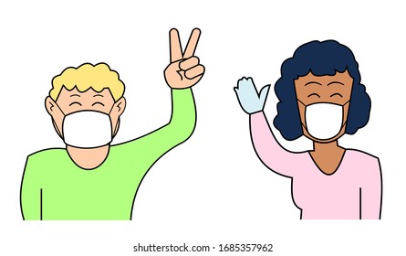 Men and women wearing protective mask on face on white background, Protecting the health from at the time when the disease of Covid-19 was an epidemic, People are optimistic while facing a disaster