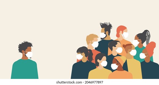 Men and women wearing protective medical masks. A young modern guy is at a social distance from a group of people during the Covid 19 coronavirus pandemic. Vector.