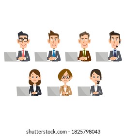 Men and women wearing suits operating laptops