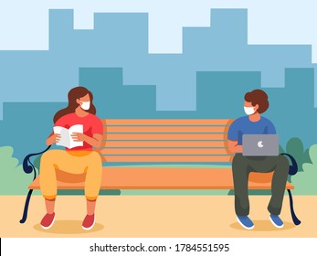 Men and women wearing surgical or medical face mask sitting on chair in the park , keep distance for 2 centimeters, social distancing concept, health protection, new normal, vector illustration