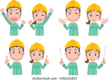 Men and women wearing various poses helmets and work clothes