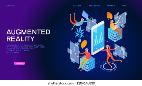 Men and women wearing a virtual reality headset with a user interface. The world of augmented reality. Future technology. Page template. 3d isometric illustration