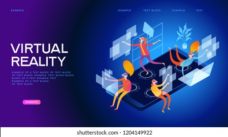 Men and women wearing a virtual reality headset with a user interface. The world of augmented reality. Future technology. Page template. 3d isometric illustration