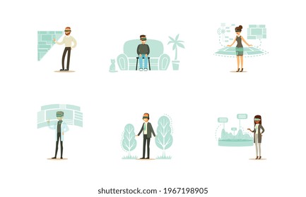 Men and Women Wearing Virtual Reality Headset Set, People Working and Relaxing Using Innovative Technologies Cartoon Vector Illustration