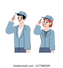 Men and women wearing work clothes and posing. Flat drawn style vector design illustrations.