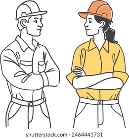 Men and women wearing work clothes with their arms crossed, work attire, body language, professionalism, attitude, line art vector illustration, modern line art minimal color