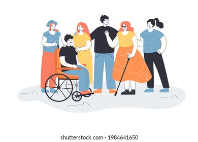 Men and women welcoming people with disabilities. Group of people meeting blind female character and male in wheelchair. People talking, smiling. Inclusion concept for banner, website design