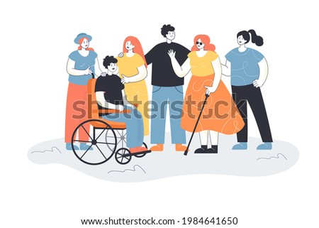 Men and women welcoming people with disabilities. Group of people meeting blind female character and male in wheelchair. People talking, smiling. Inclusion concept for banner, website design