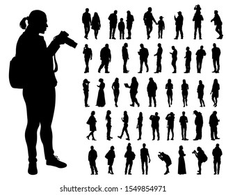 Men and women whit phone at street on white background