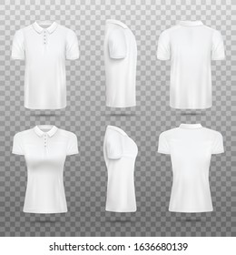 Men and women white blank classic polo shirt realistic vector mockups set, illustration isolated on transparent background. T-shirt with collar front, back and side view.