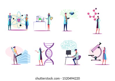 Men and women in white coats working in lab set. Doing research, standing near molecule model, microscope, circuit board. Science concept. Vector illustration for posters, presentations, landing pages