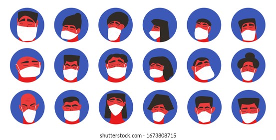 Men and women in white medical face mask icons set isolated on white background. Different characters in prevention masks. 2019-nCoV quarantine. Pandemic of coronavirus. Vector flat illustration.