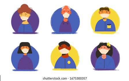 Men and women in white medical face mask icons set isolated on white background. Different characters in prevention masks. 2019-nCoV quarantine. Pandemic of coronavirus. Vector flat illustration.