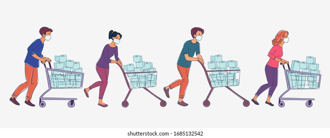 Men and women in white medical mask with cart shopping in supermarket. Concept of corona virus  quarantine vector illustration