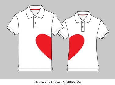 Men & Women White Polo Shirt Design Red Heart Shape  Vector, Front View.