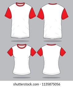 Men and Women White-Red Short Sleeve T-Shirt Design Vector on Gray Background.Front and Back View.