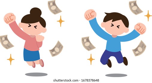 Men and women who are happy to jump with flying money