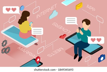 Men and women who meet with a matching app isometric
