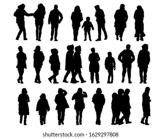 Men and women in winter clothes are walking along street. Isolated silhouettes of people on a white background