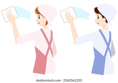 Men and women wiping windows