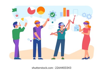 Men and women work with business data in virtual reality. People using VR headset. Innovation technology. Businessmen in digital glasses. Modern interactive display