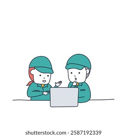 Men and women in work clothes discussing while looking at a laptop